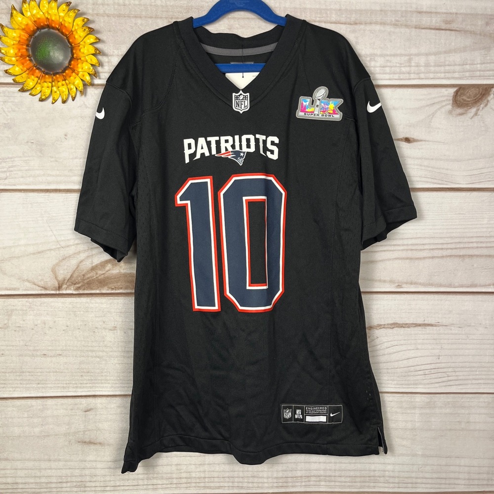 Nike Kids New England Patriots Drake Maye 10 Super Bowl LX Black Jersey L 14/16